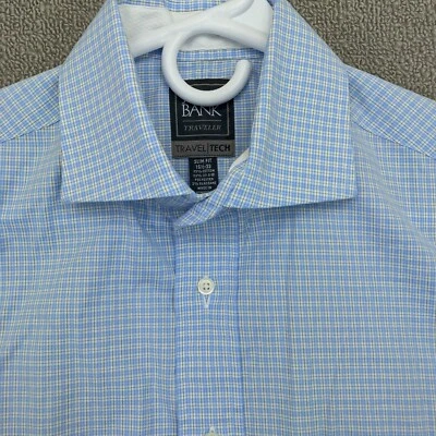 Jos A Bank Shirt Mens 15.5 33 Slim Travel Tech Blue Check Button Up Long Sleeve - Image 1 of 4