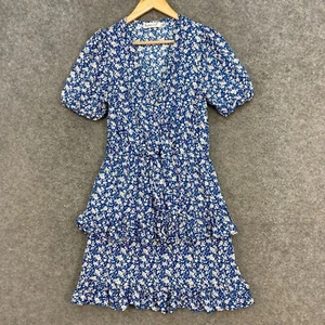 Sunny Girl Womens Dress Size 8 Blue Floral Short Sleeve V-Neck Rayon 6608 - Picture 1 of 12