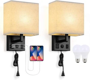 Set of 2 Modern Wall Sconces Lamps Bedroom Plug in w/USB Ports &AC Wall Fixtures - Picture 1 of 7