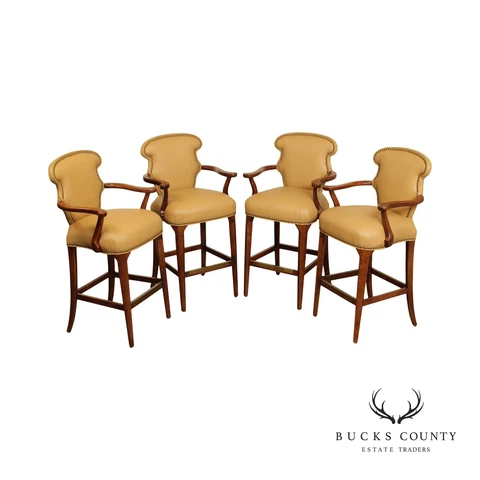 Century Furniture Set of Four Wood and Tan Leather Bar Stools Cover