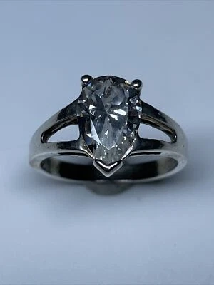 Pear Cut 12x7.5mm Zircon Solitaire Sterling Silver Ring Size 9 - Image 1 of 4