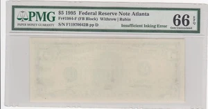 1995 Fünf Dollar Schein LEERE VORDERSEITE unzureichende Farbgebung PMG 66 EPQ - Bild 1 von 2