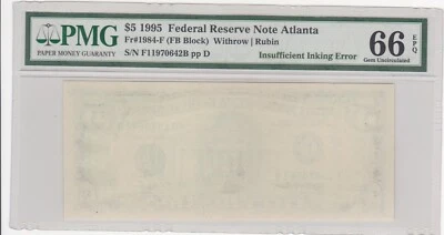 1995 Five Dollar Bill BLANK FRONT Insufficient Inking PMG 66 EPQ - Image 1 of 2