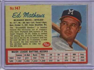 1962 Post Cereal Baseball #147 Ed Mathews Milwaukee Braves -1 - Picture 1 of 2