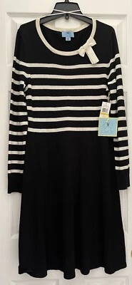 CeCe 长袖黑色/白色修身喇叭衬衫连衣裙女式中号全新带标签 MSRP $119 — 第 1/4 张图片