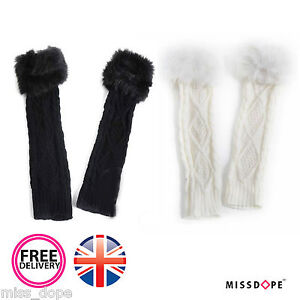 NEW FUR KNITTED FINGERLESS LONG WRIST HAND WARMERS MITTS GLOVES MITTENS WOMENS