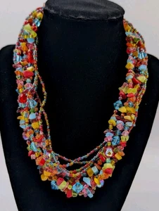 Artisan Sterling Silver 925 8 Multi Strand Multi Color Beaded Necklace U563 - Picture 1 of 18