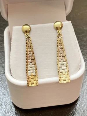 Vtg 1.5" 14K White, Yellow, & Rose Gold Panther Link Design Drop Earrings, 4.7g - Image 1 of 4