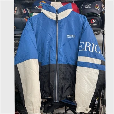 Vtg 90s Perry Ellis AMERICA Puffer Jacket Blue Black White Spellout Mint L - Image 1 of 4