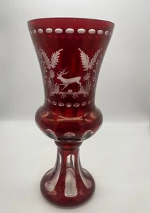 Antique Vintage Czech Bohemian Glass Ruby Red Cut to Clear 12" Deer Stag Vase - Picture 1 of 8