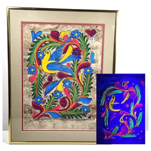 Vtg Mexican Amate Bark Painting Blacklight Folk Art Bird Flowers Framed 15x19 - Picture 1 of 16