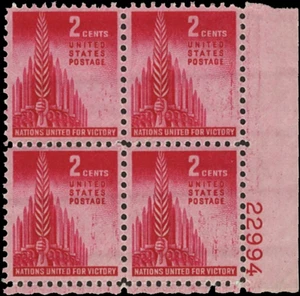 Scott # 907 - 2c Rose Carmine- Allied Nations issue - plate block of 4 - MNH - Picture 1 of 1