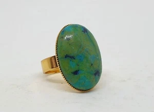 Large Oval semi-precious Chrysocolla & Turquoise ring, adjustable gold ring - Picture 1 of 6