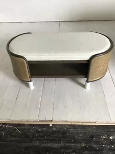 Oval Bench Natural Linen Fabric Seat with Storage Cane Sides Dark Brown Frame - Picture 1 of 6