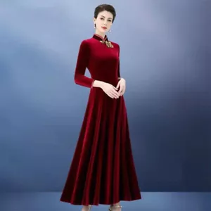 Women Velvet Maxi Dress Chinese Traditional Style Tunic Cheongsam Qipao - Picture 1 of 15
