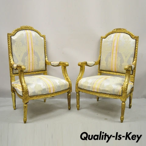 Vintage French Louis XVI Gold Giltwood Upholstered Lounge Chairs (A) - a Pair Cover