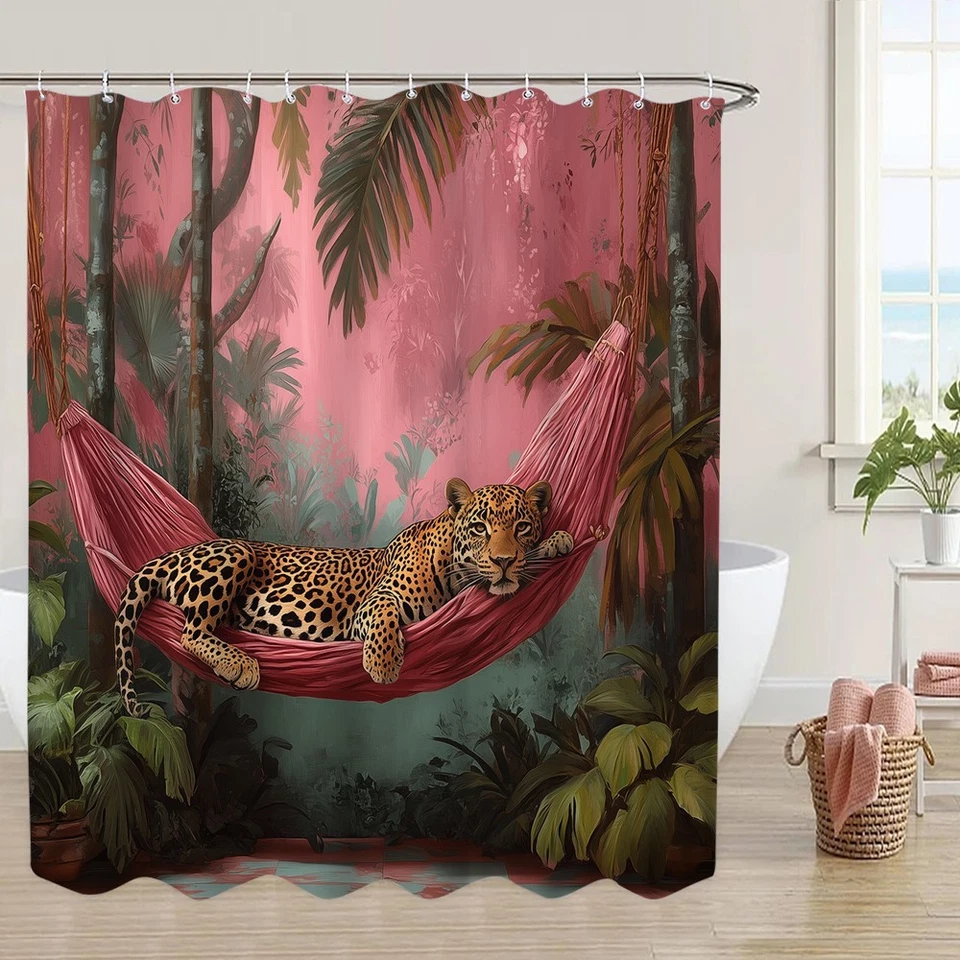 Pink Leopard Shower Curtain Set Stylish Animal Print Bathroom Decor - Image 1 of 4