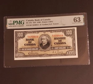 1937 Bank of Canada $100 Banknote. PMG Graded. SERIAL # CAN BE SEEN AT BACK. - Picture 1 of 3