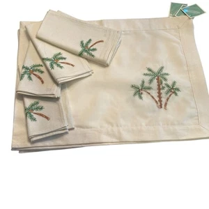 Palm Tree Embroidered Placemat & Napkin Sets Tropical Coastal Decor 4 Sets - Picture 1 of 15