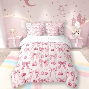 7 Pieces Bowknot Princess Comforter Queen Size,Pink Bow Cherry Tropical Fruit... - Picture 1 of 7