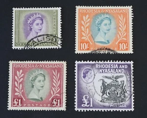 Rhodesia & Nyasaland QEII 4 x Stamps, SG13, SG14, SG15, SG31, 10s, £1, Good Used - Picture 1 of 2