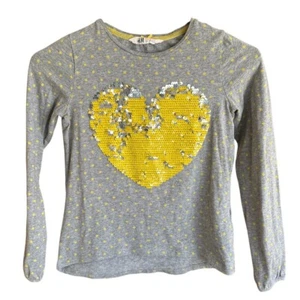 H&M Girls 8-10 Y Heart Shirt Reversible Flip Sequin Long Sleeve Yellow Gray - Picture 1 of 6