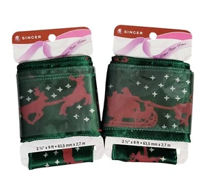 Lot 2 Singer Ribbon Christmas Holiday Green Santa's Sleigh 2 1/2" x 9 ft Wired - Picture 1 of 4