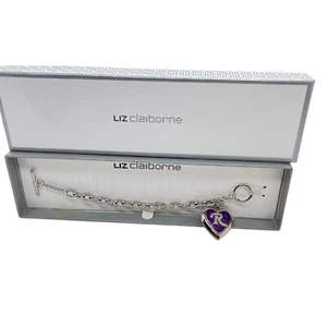 Liz Claiborne Heart Locket Bracelet y2k Initial R Silver Tone Purple Gift in Box - Picture 1 of 8