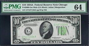 $10 1934A Chicago Mule FRN. Fr. 2006-Gm. VERY TOUGH MULE. PMG 64. RARE - Picture 1 of 4