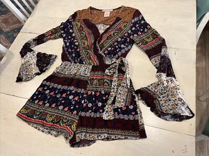 Flying Tomato Short Romper Women’s M Faux Wrap Long Bell Sleeve - Picture 1 of 16