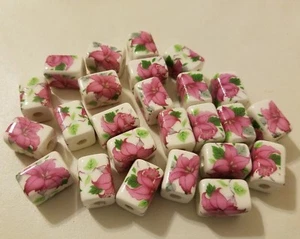 Vtg Painted Pink Floral Flower Rectangular Ceramic Craft Jewelry Beads 3/4" - Picture 1 of 5