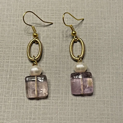 EARRINGS Amethyst Square Bead Freshwater Pearl Gold Hooks Jewelry NEW - Image 1 of 4