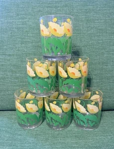 Vtg 1960s Yellow Poppy Tumblers H.J. Stotter USA NY Set 6 Acrylic 14oz Cups 4" - Picture 1 of 9