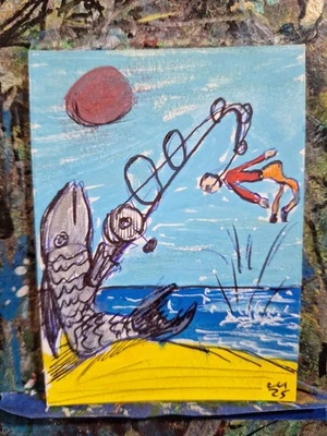 Pluma acrílica Fish Catching a Human ACEO ATC ROBLE ORIGINAL 3,5 x 2,5 pulgadas Foto 1 de 2