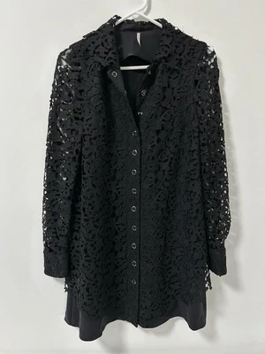 Vestido Camisa Free People Encaje Negro Gótico Emo Bruja Talla 2 Manga Larga Botón Foto 1 de 4