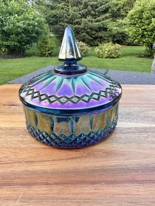 Vintage Carnival Glass Indiana Glass Candy Dish Blue Irridescent 6” - Picture 1 of 8