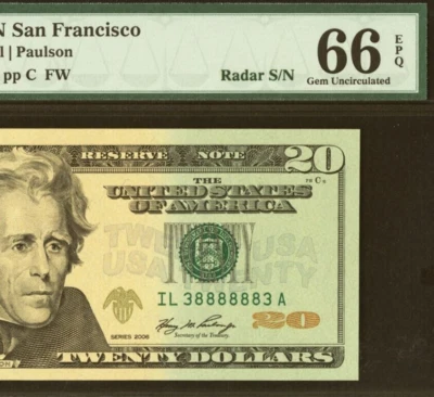 2006 $20 Federal Reserve Note PMG 66EPQ rare super radar serial number 38888883 - Image 1 of 3