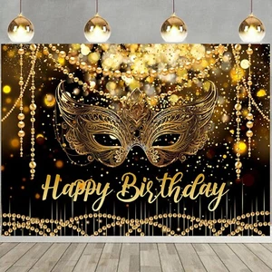 Masquerade Mardi Gras Backdrop for Happy Birthday Black Gold Glitter Mask Par... - Picture 1 of 7