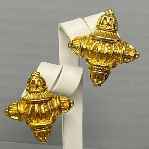 Vintage Dangle Drop Earrings Gold Tone Clip On Textured Cross Ornate Retro 1.25" - Picture 1 of 9