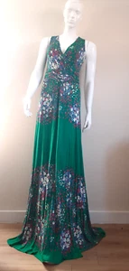 EX CHAINSTORE GREEN FLORAL STRETCH JERSEY MAXI DRESS 'EXTRA LONG' Size MEDIUM - Picture 1 of 8