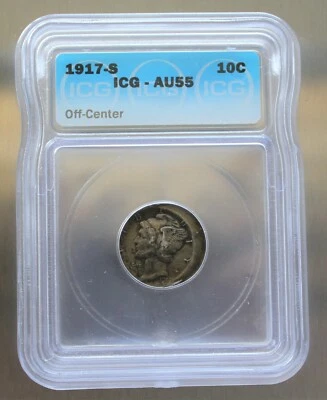 1917-S Mercury Dime 10 cents U.S. Mint Strike ERROR Coin Off-Center AU-55 ICG - Image 1 of 4