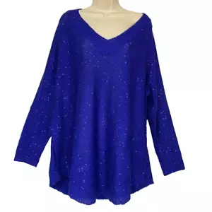 Soft Surroundings Sweater 1X Blue Sequin Shimmer Open Knit V Neck Flowy Sheer - Picture 1 of 15