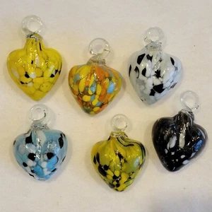 6 Hand Blown Hanging Swirled Glass Hearts 2.5" Yellow Orange Blue Black White - Picture 1 of 10