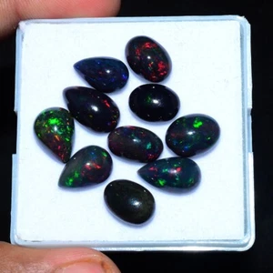 10 Pcs Natural Ethiopian Black Opal 11mm-14mm Flashy Loose Cabochon Gemstones - Picture 1 of 8