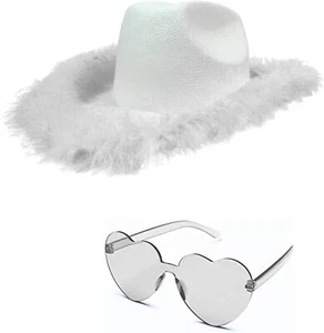 4E's Novelty Cowboy Hat with feathers With Heart Shaped Sunglasses for White  - Picture 1 of 4