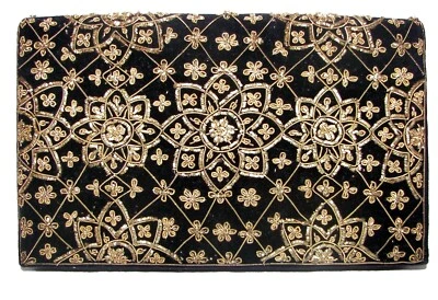 Embroidered  Gold Threads Black Velvet Handbag Purse Clutch - Image 1 of 4