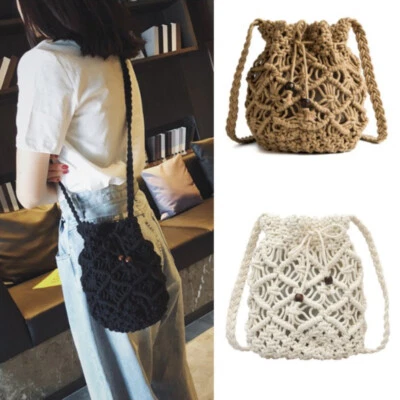 Women Tote Beach Bucket Bag Straw Handbag Ethnic Woven Shoulder Bag Handmade - Image 1 of 4