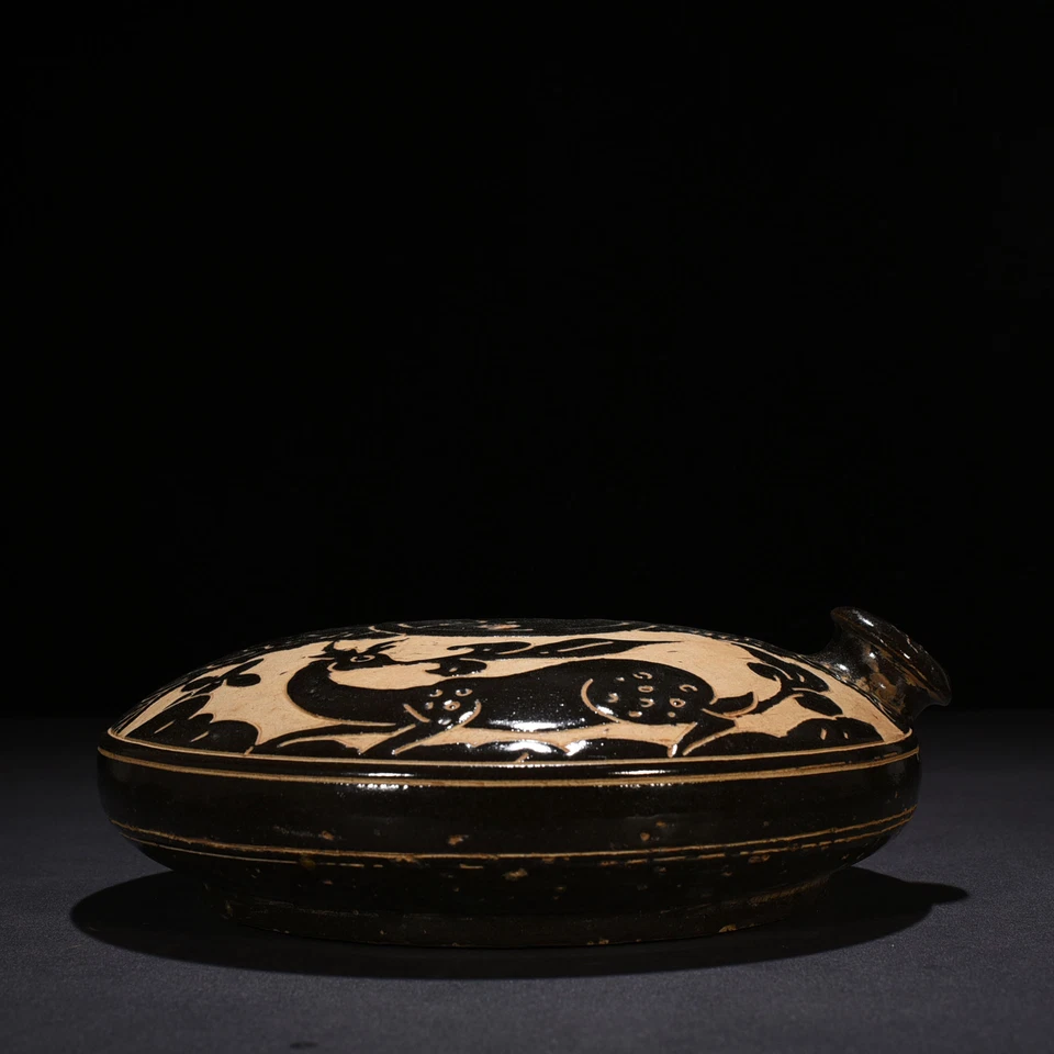 10,2-дюймовая китайская антикварная плоская ваза с узором оленя династии Сун из фарфора династии Цичжоу - Изображение 1 из 4