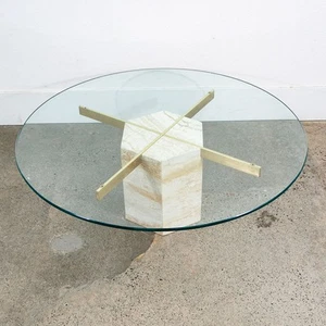 Mid Century Modern Coffee Table Artedi Round Glass Marble Brass Travertine Mcm - Picture 1 of 12