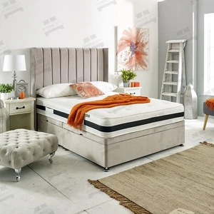 Modern Velvet Ottoman Storage Divan Bed Base Frame with Winged Panel Headboard - Picture 1 of 7